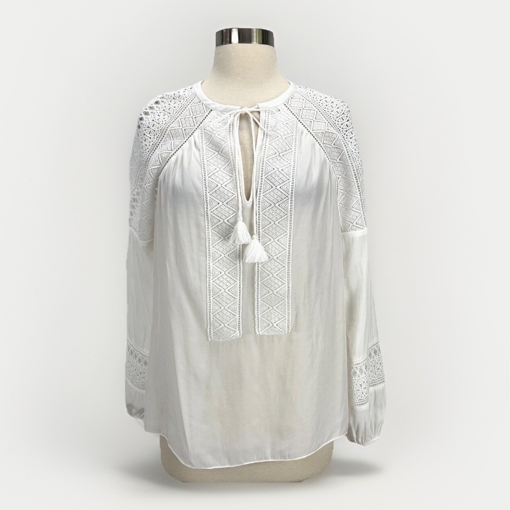 Ramy Brook Womens White Peasant Blouse Top XS Crochet Lace Trim Romantic Boho